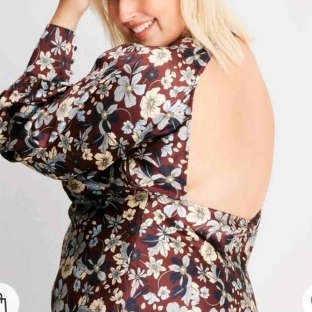 NWT! Future Collective x Reese Blutstein brown/blue floral open back mini dress - Picture 2 of 8